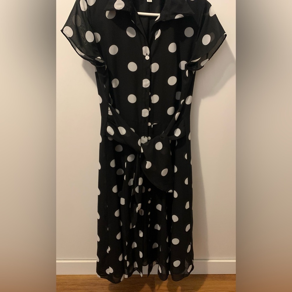Evan- Picone- Midi White and Black Polka Dot Dress
